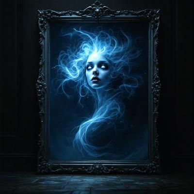 The primary subject of the image is a woman with blue hair, who appears to be a ghostly figure. She is the main focus of the image, and her blue hair and ghostly appearance create a mysterious and eerie atmosphere. The setting is a dark room, which further enhances the eerie mood of the scene. The visual style of the image is a combination of digital art and illustration, with the woman's blue hair and ghostly appearance being digitally created, while the rest of the image appears